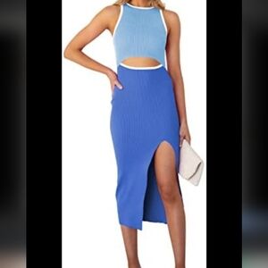 Women's Cutout Crew Neck Sleeveless Tank Slit Ribbed Bodycon Midi Dresses